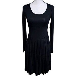 Karen Kane Shirred Front Dress Scoop Neck XS Black Fit & Flare Midi Long Sleeve